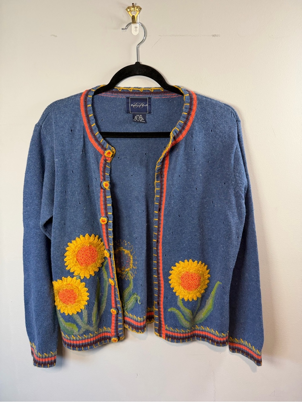 Eagle’s Eye Women’s Blue Sunflower Embroidered Cardigan Sweater Size Medium